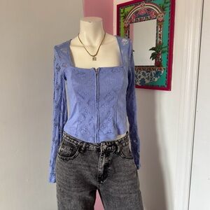 Forever 21 Blue Lacey Long Sleeve Semi Sheer Zip Up Floral Detail Blouse